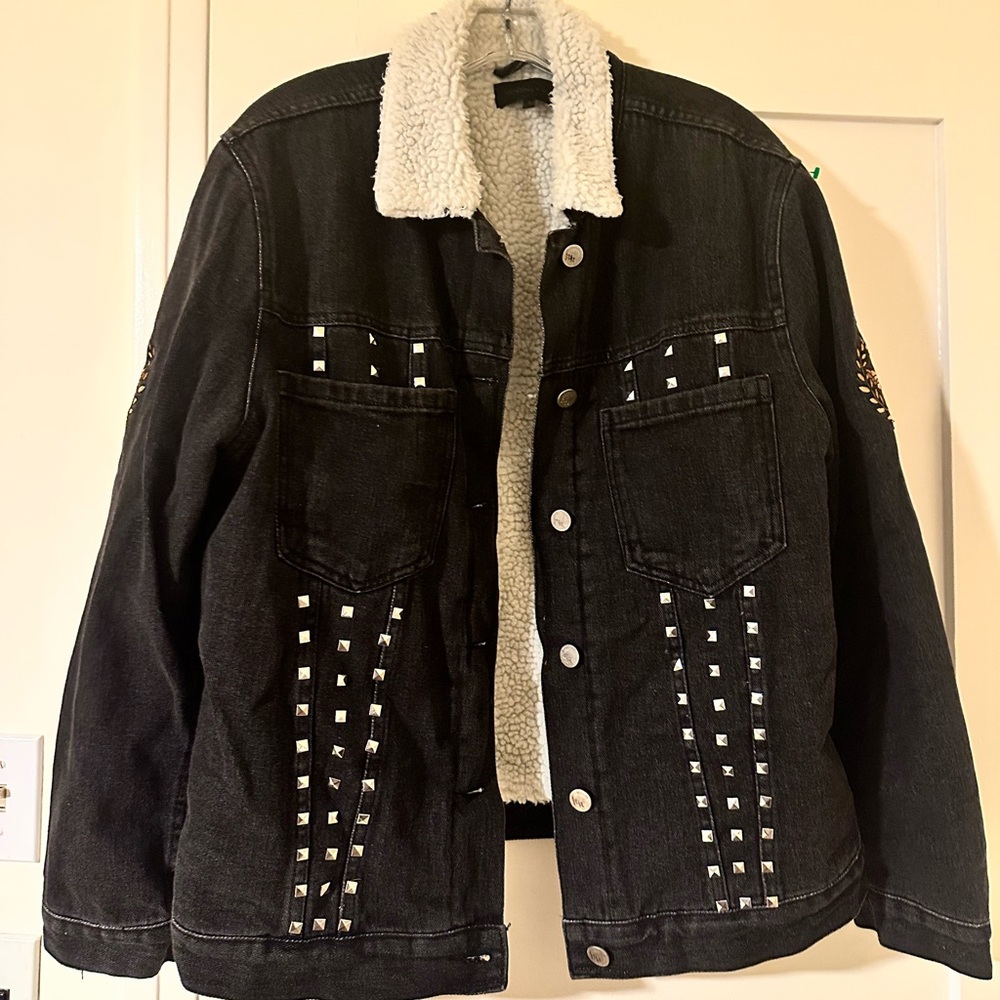 Black Denim Jacket with Studded and Beaded Details